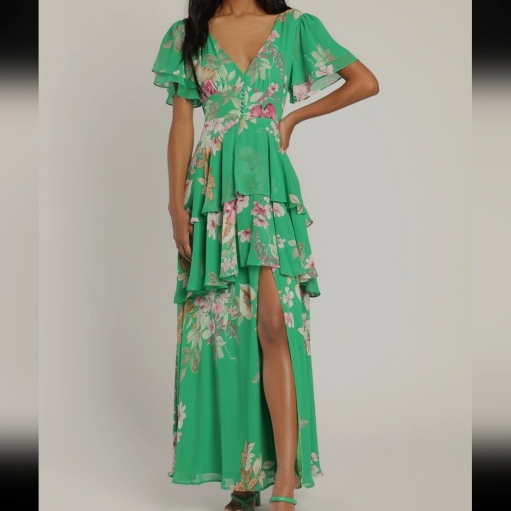 Midnight Mood Green Floral Print Tiered Maxi Dress